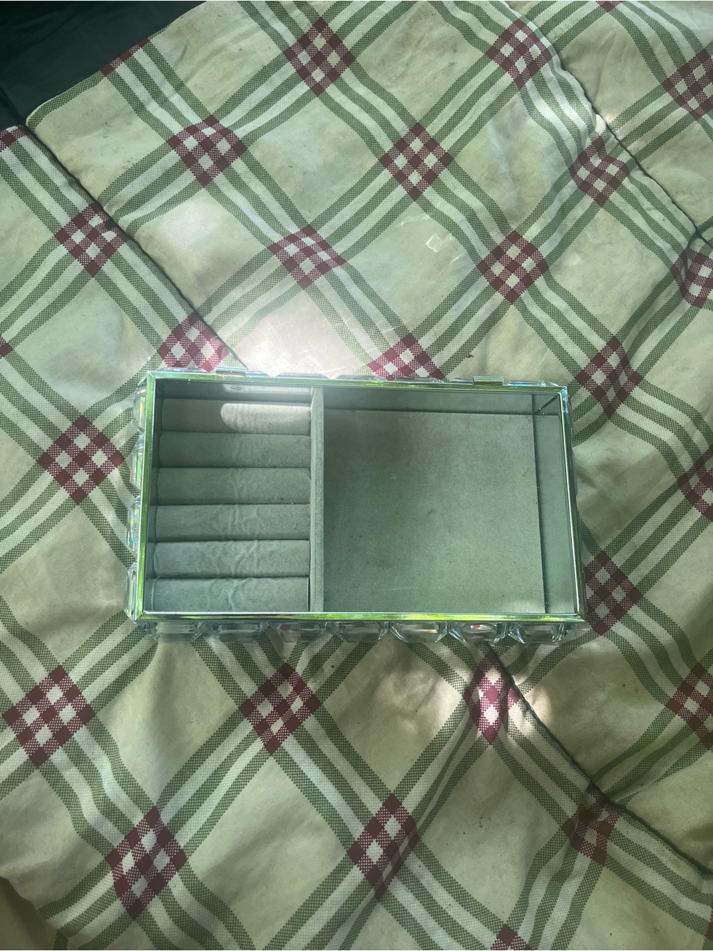 Glass Jewelry Organizer Box with Gray Velvet Interior